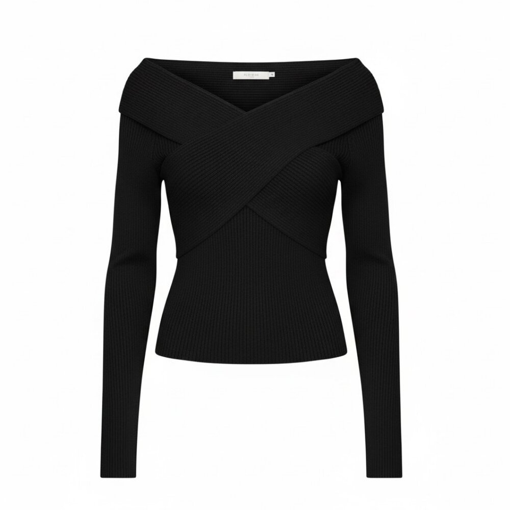 NWT ASTR The Label Black Cross Front Off Shoulder Ribbed Sweater Top Large